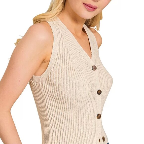 Zenana Ribbed Knit Button-Down Sweater Vest - Picture 3 of 8